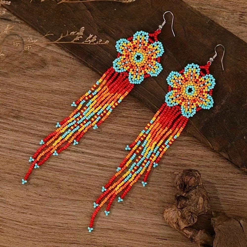 Handmade Red & Turquoise Beaded Fringe Earrings - Picture 3 of 3